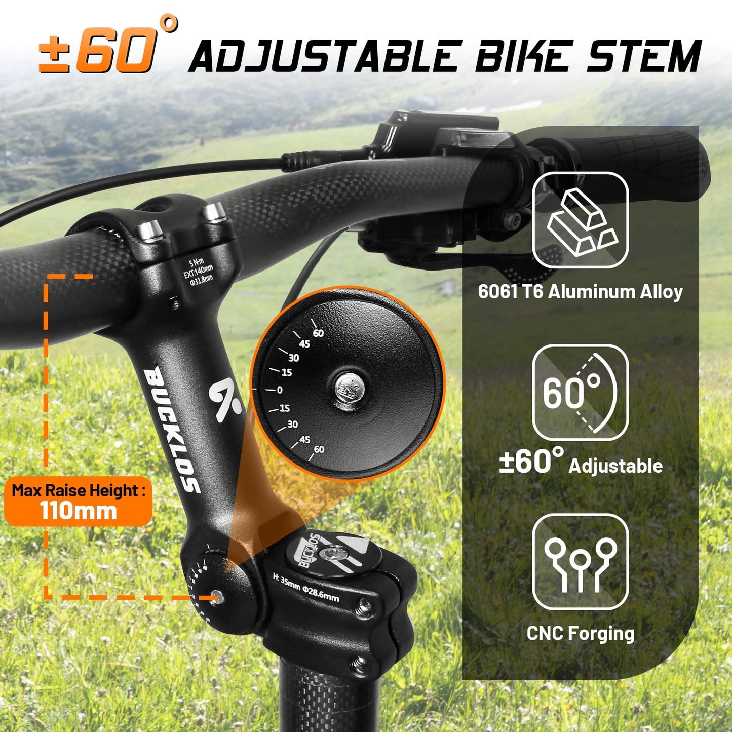 BUCKLOS Adjustable Bike Stem 31.8mm 25.4mm Riser Handlebar Stem, 100/110